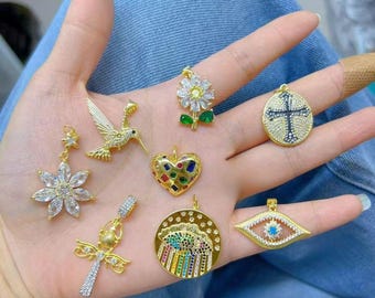 5pcs Gold Flower Pendant,18K Gold Plated Pendant,Evil Eyes Charms,Cross Pendant,Bird Pendant,Heart Charm,Beetle Scepter Charm,Zircon Charms