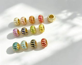 5Pcs 18K Gold Plated Enamel Striped Spacer Beads, Colorful Charm Beads for Bracelet Necklace Jewelry Making, Large Hole Beads