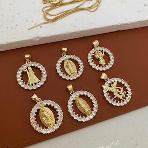 5pcs 18K Gold Filled Saint Michael Pendant,Hollow Round Angel Pendant,Zircon Virgin Mary Pendant,Christian Charms,DIY Jewelry Supply