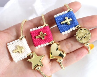 1pcs 18K Gold Plated Heart Star Cross Bracelet,Round Virgin Mary Bracelets,Religious Jewelry