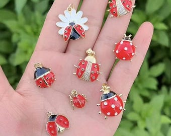 Mixed 5pcs 18K Gold Filled Enamel Ladybug Pendant,Insect Charm,Ladybug Charm Necklace Bracelet,DIY Jewelry Making Supply