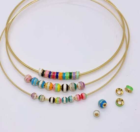 5Pcs Colorful Striped Enamel Beads, 18K Gold Plated Spacer Beads,Rainbow Enamel Beads for DIY Necklace Bracelet, Handmade Jewelry Supplies