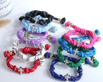 1pcs Silver Color CZ Cross Knotty Bracelet,Adjustable Colorful Woven Knotty,Unisex Personalized Jewelry