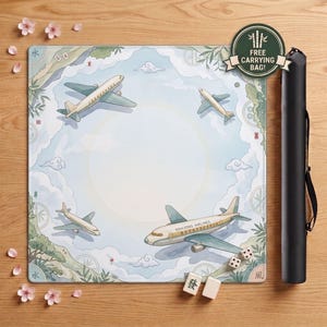 May include: A square mahjong mat featuring a light blue sky with white clouds and four airplanes, including one labeled Mahjong Airlines. The border displays green foliage and Chinese characters. Two white mahjong tiles and two dice are included.