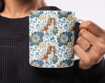 Taza de Cavalier King Charles Spaniel, diseño floral, regalo único para amantes de las mascotas, bonita taza de Spaniel, artículos para beber de raza de perro, taza decorativa, arte para mascotas