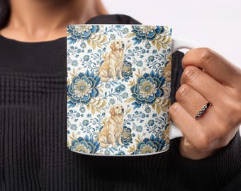 Taza de Golden Retriever con diseño floral, regalo para amantes de las mascotas, arte único de cachorros, taza de café de cerámica, regalo decorativo para mamá perruna, raza de perro