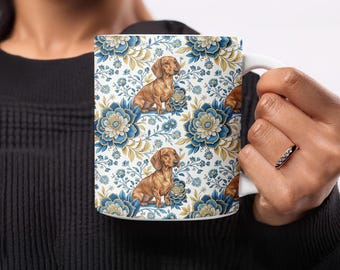 Taza de perro salchicha con diseño floral, regalo divertido para amantes de los perros, taza de café para mamá salchicha, decoración floral única de la raza de perro salchicha