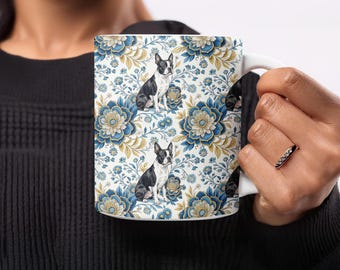 Taza de Boston Terrier con estampado floral, ideal como regalo para amantes de los perros, bonita taza de café para dueños de mascotas, artículos para beber únicos de razas de perros, taza decorativa para cocina.