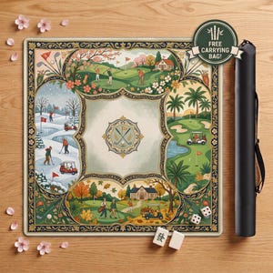 May include: A square golf-themed board game mat featuring four seasonal quadrants depicting golf courses, players, and carts. The centre displays a circular emblem with crossed golf clubs. Includes two white dice and a black carrying case.