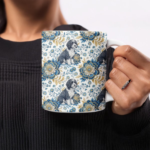 Sheepadoodle Mug, Blue Floral Dog Design Gift, Unique Doodle Mom Cup, Stylish Pet Lover Drinkware, Cute Sheepadoodle Breed Kitchen Decor
