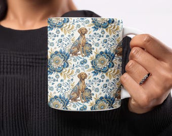 Taza de café Vizsla, diseño floral de perro, elegante regalo para amantes de las mascotas, taza única para mamá Vizsla, artículos decorativos para beber de raza de perro, linda taza floral