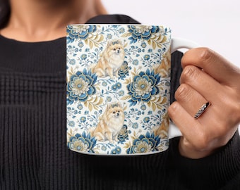 Taza de Pomerania, regalo floral de Pomerania, taza de cachorro adorable, taza con diseño de flores azules, regalo para amantes de los perros, taza de café para mamá Pomerania