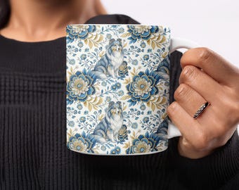 Taza de perro pastor de Shetland, diseño floral, regalo para amantes de las mascotas con flores azules y doradas, artículos para beber para mamá sheltie, decoración única de la raza de perro