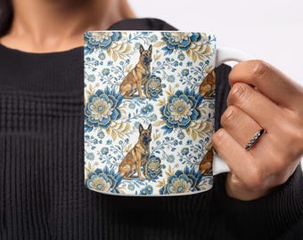 Taza de café con diseño floral de pastor belga malinois, ideal como regalo para un cachorro, para amantes de los perros, con estampado floral único, ideal como regalo para mamá pastor belga.