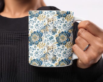 Taza de café Corgi con estampado floral, ideal para amantes de los perros, ideal para mamá Corgi, azul y dorado, ideal para decorar la cocina.