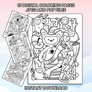 Kawaii Monster Robot Coloring Pages: Fun Doodle Art (Digital Download)