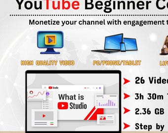 May include: A laptop computer screen displaying a YouTube Studio interface with a red and white graphic that says "What is Studio". The laptop is on a wooden surface with a white arrow pointing to the right and text that says "26 Videos", "3h 30m Total Length", "2.36 GB File Size", and "Step by Step Guide".
