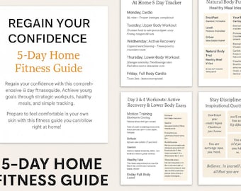 Op de afbeelding: Een 5-daagse thuisfitnessgids met een trainingsschema om je zelfvertrouwen terug te winnen. De gids bevat een dagelijkse tracker, actieve herstel- en onderlichaamsoefeningen en inspirerende citaten.