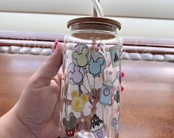 Mouse Theme Park Things Glass Tumbler With Lid And Straw, 16 oz. Iced Coffee Glass Cup With Lid And Straw, Glass Cup with Wooden Lid