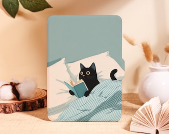 Cute Black Cat Reading Kindle Case for Kindle 2025, Paperwhite 12/11/10 Kobo Clara, Personalized Cover with Auto Wake/Sleep, Book Lover Gift