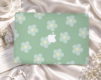 White Daisies on Sage Green Custom MacBook Case for Air M1-M5, Pro 13-16, Retina and Neo A18, Slim Protective Laptop Cover, Gift for Friends