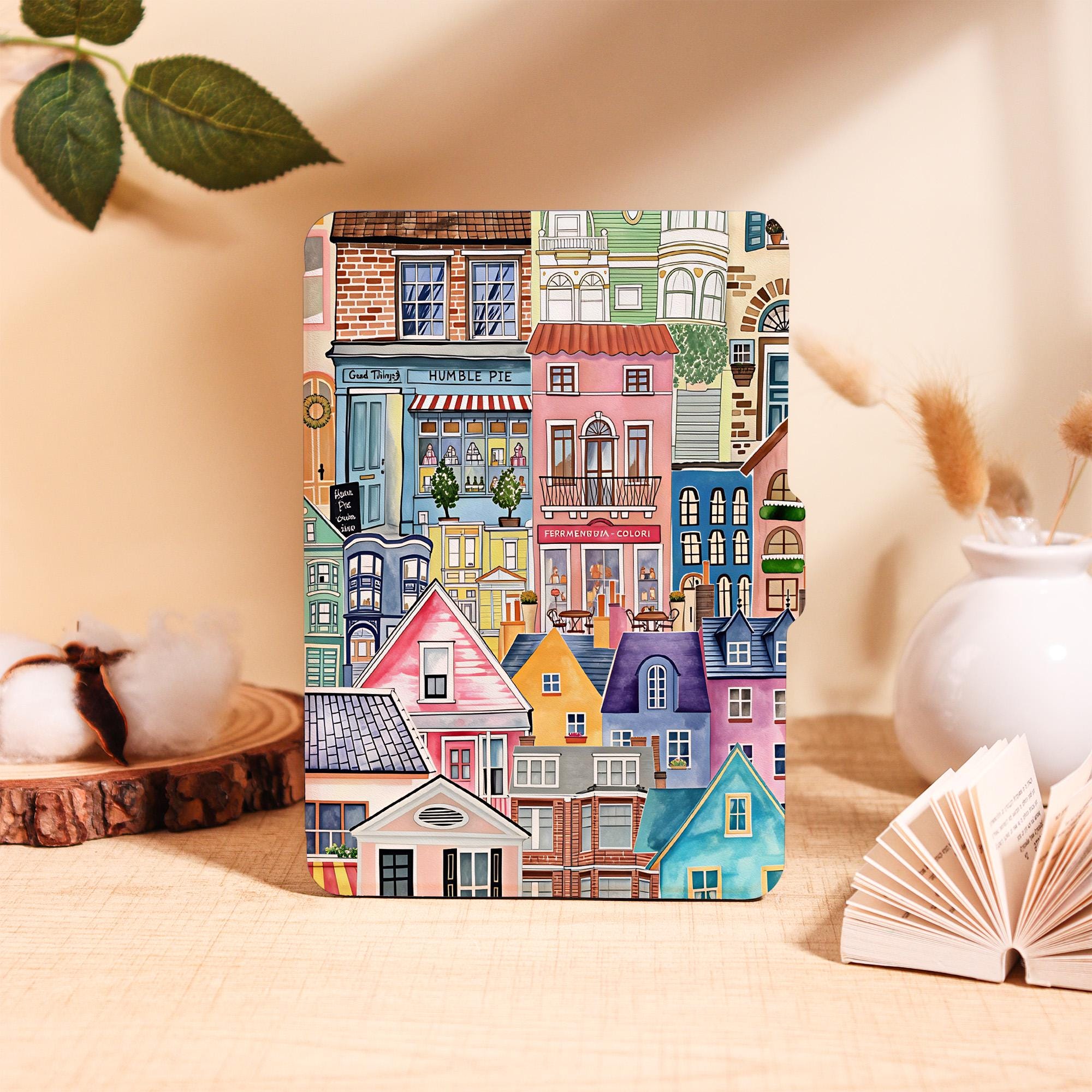 Whimsical Colorful Town Houses Kindle Case for Kindle 2025,Paperwhite 12/11/10 Kobo Clara,Personalized Cover with Auto Wake, Book Lover Gift
