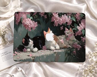 Cats in a Pink Flower Garden Custom MacBook Case for Air M1 M2 M3 M4 M5, Pro 13-16, Neo A18, Protective Apple Laptop Cover, Gift for Friends