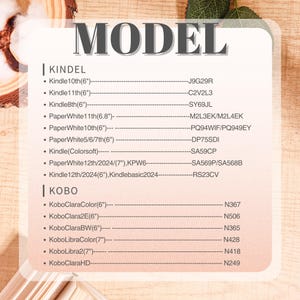 May include: A white card with the word "MODEL" at the top. The card lists Kindle and Kobo models with their corresponding codes. The Kindle models include Kindle 10th (6"), Kindle 11th (6"), and Kindle 8th (6").