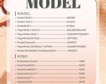 Könnte beinhalten: Eine weiße und beige Produktkompatibilitätstabelle mit dem Titel "MODEL" oben. Die Tabelle listet Kindle- und Kobo-E-Reader-Modelle mit entsprechenden Codes auf. Die Kindle-Modelle umfassen 6-Zoll- und 6,8-Zoll-Versionen.