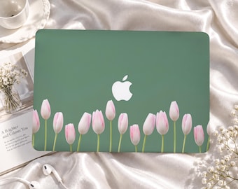 Pink Tulips on Sage Green Custom MacBook Case for Air M1-M5, Pro 13-16, Retina and Neo A18, Protective Apple Laptop Cover, Gift for Students