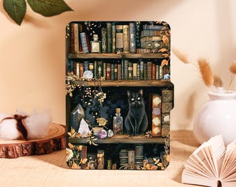Witchy Bookshelf Kindle Case: Black Cat Cover, Auto Wake/Sleep