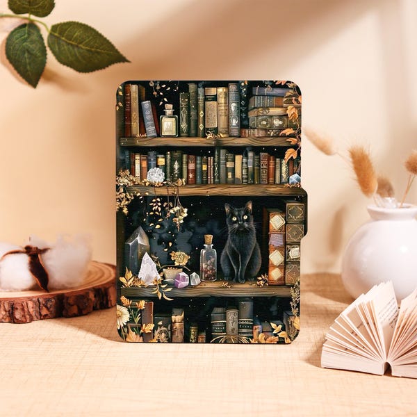 Witchy Bookshelf Kindle Case: Black Cat Cover, Auto Wake/Sleep