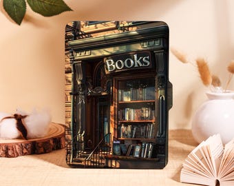 May include: A tablet case featuring a detailed illustration of a bookstore facade with the word "Books" on a sign. The design includes a glass display of books, a doorway, and a wrought iron railing, all in warm, inviting tones.