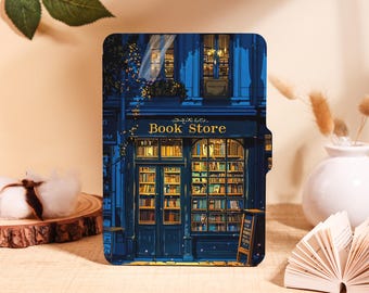 May include: A blue and gold illustration of a bookstore with the words "Book Store" above the entrance. The store's windows are filled with books, and a small chalkboard sign stands outside.