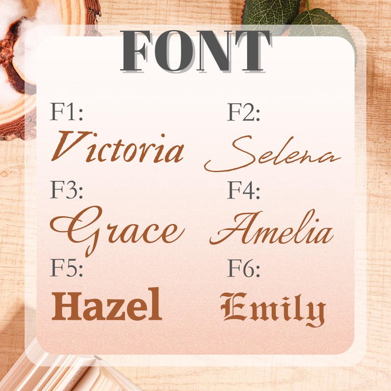 May include: A graphic displaying various font styles. The word "FONT" is at the top in a dark gray, bold font. Below are six font examples labeled F1 through F6, showcasing different styles like Victoria, Selena, Grace, Amelia, Hazel, and Emily.