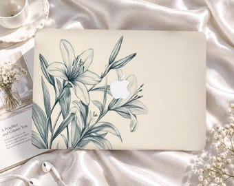 Blue Lily Botanical Line Art Custom MacBook Case for Air M1 M2 M3 M4 M5, Pro 13-16, Neo A18, Protective Apple Laptop Cover, Gift for Friends