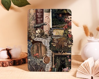 Étui pour Kindle avec collage foncé : tête de mort et couverture de livre, réveil/sommeil automatique