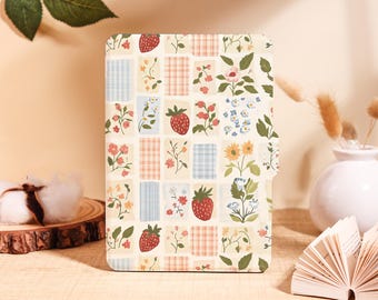 Cottagecore Strawberry Floral Patchwork Pattern Kindle/Kobo Case for Kindle 2025,Paperwhite 12/11/10th&Kobo Clara Auto Wake/Sleep,Books Gift