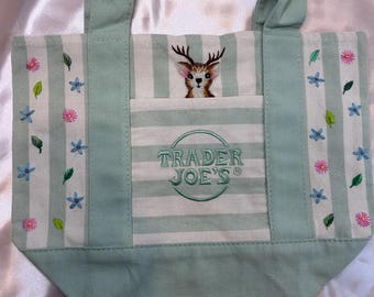 Hand Embroidered Floral and Deer, Trader Joe mini tote bag
