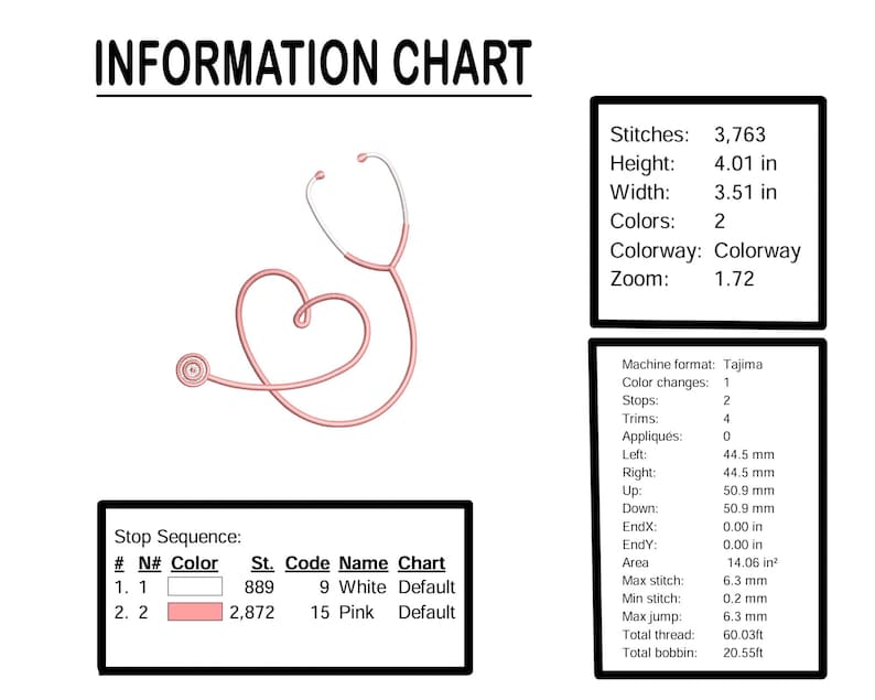 May include: A pink stethoscope in the shape of a heart, with a white background. The image includes information about the design, such as the number of stitches, height, width, colors, colorway, and zoom. It also includes information about the machine format, color changes, stops, trims, appliqu&eacute;s, and measurements for left, right, up, down, endX, endY, area, max stitch, min stitch, max jump, total thread, and total bobbin.