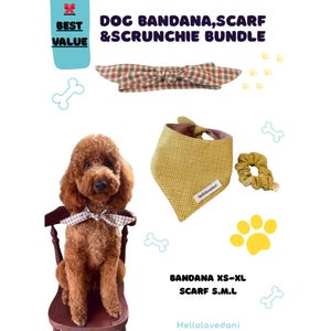 May include: A dog bandana, scarf, and scrunchie bundle in a variety of plaid patterns. The image includes a brown dog wearing a plaid bow tie, a yellow and brown plaid bandana, and a yellow scrunchie. Text reads "Dog Bandana, Scarf & Scrunchie Bundle."