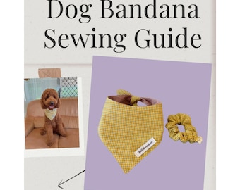 May include: A dog bandana sewing guide with a yellow and white checkered bandana and matching scrunchie. The guide includes a photo of a dog wearing the bandana. Text on the image reads "HelloLoveDani" and "Dog Bandana Sewing Guide".