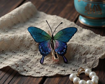 Real Silk Velvet Butterfly Hair Clip, U-Pin or Brooch, Iridescent Blue Morpho, Handmade Bridal "Something Blue" Gift