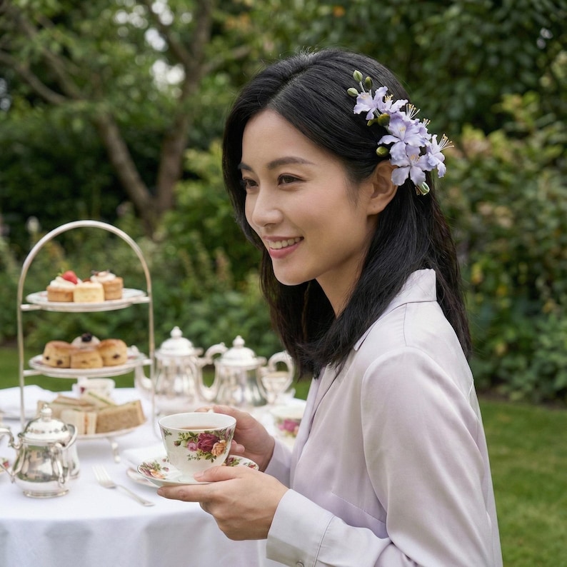 Elegant woman attending garden high tea wearing a purple handmade silk velvet flower hair clip. Sophisticated floral hair accessory for formal events or guests.