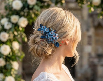 Blue Silk Flower Hair Clip - Ronghua Velvet Butterfly Headpiece