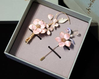 Birth Month Flower Gift Set | Handmade Mulberry Silk Ronghua Brooch & Clip | Something Blue Wedding | 12th Anniversary Silk | Eternal Bloom