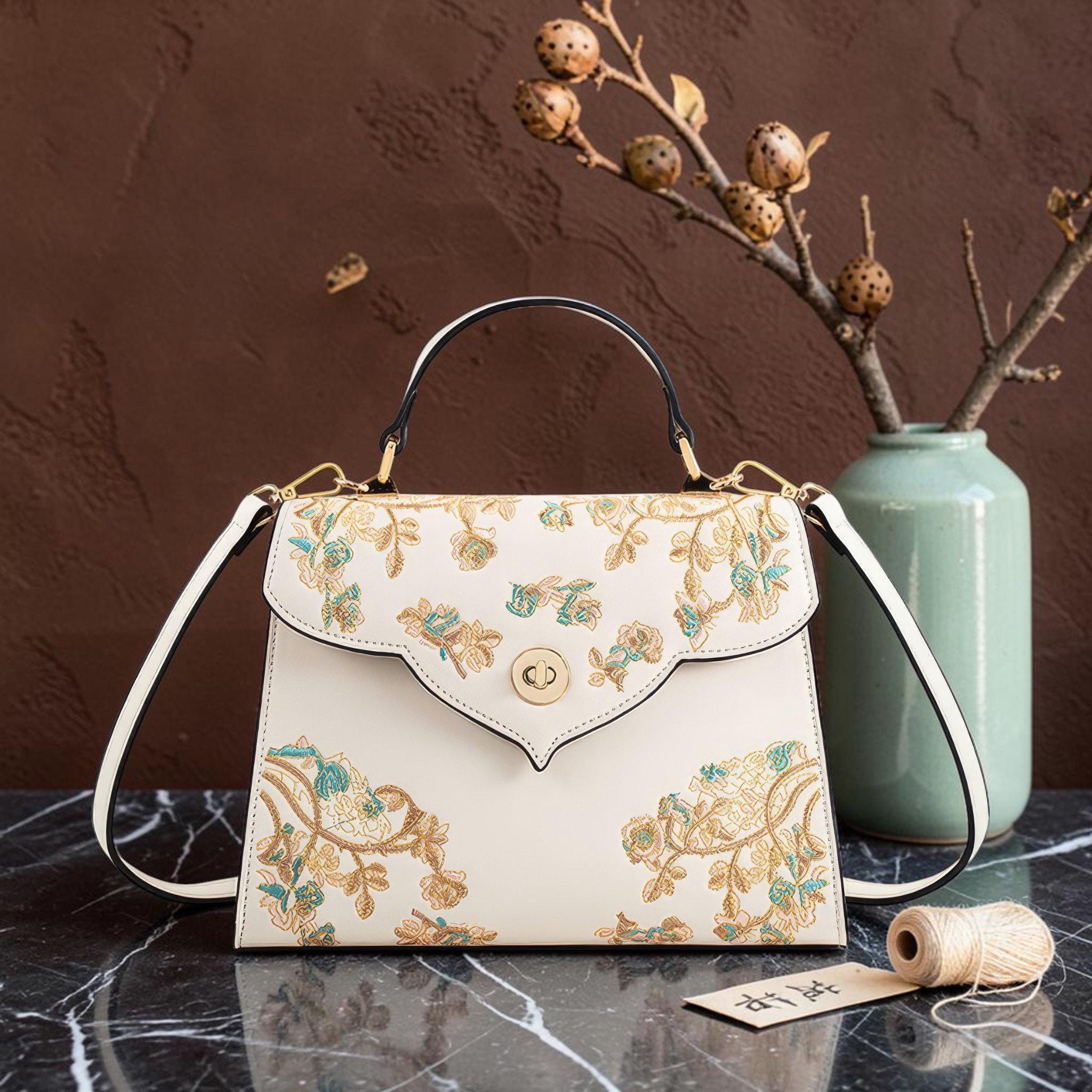 Hand-Stitched Silk Embroidered Camellia Handbag, Botanical Crossbody Purse, Wearable Art