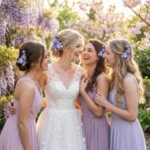 Bride and bridesmaids laughing in a garden, wearing matching purple silk Ronghua hair clips. Romantic spring wedding hair accessories for bridal party themes.