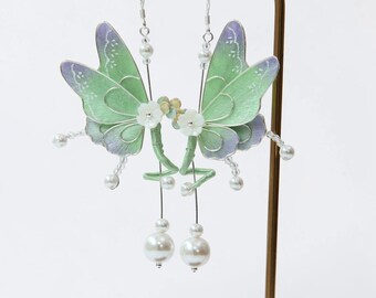 Handmade Mulberry Silk Fairy Wing Earrings, Pearl Dangle, 925 Sterling Silver Hooks