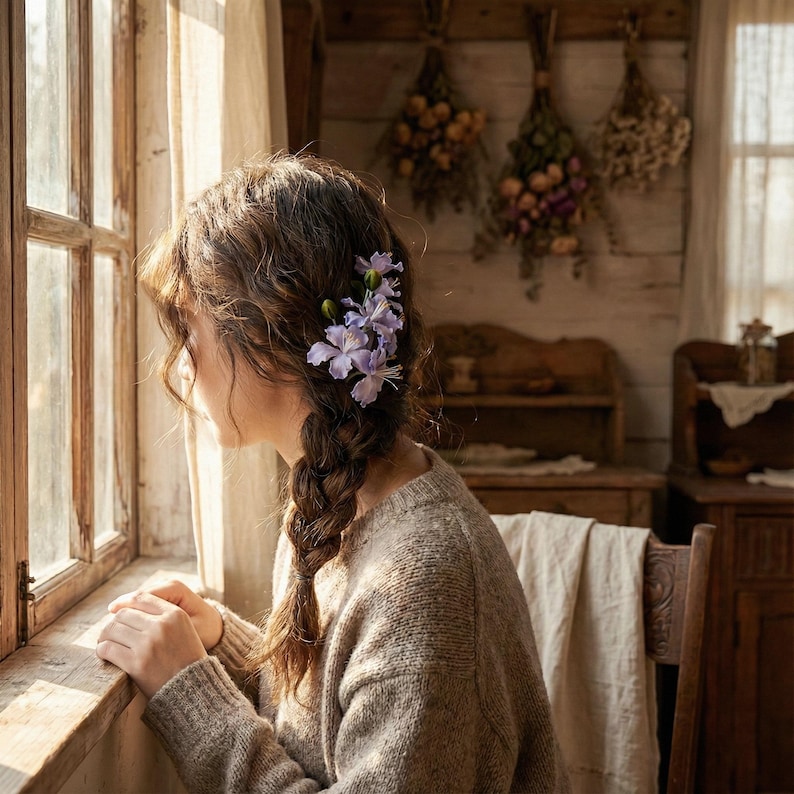 Woman with loose braid wearing purple handmade Ronghua velvet flower hair clip, looking out a rustic window. Cozy cottagecore and vintage aesthetic hair accessory.